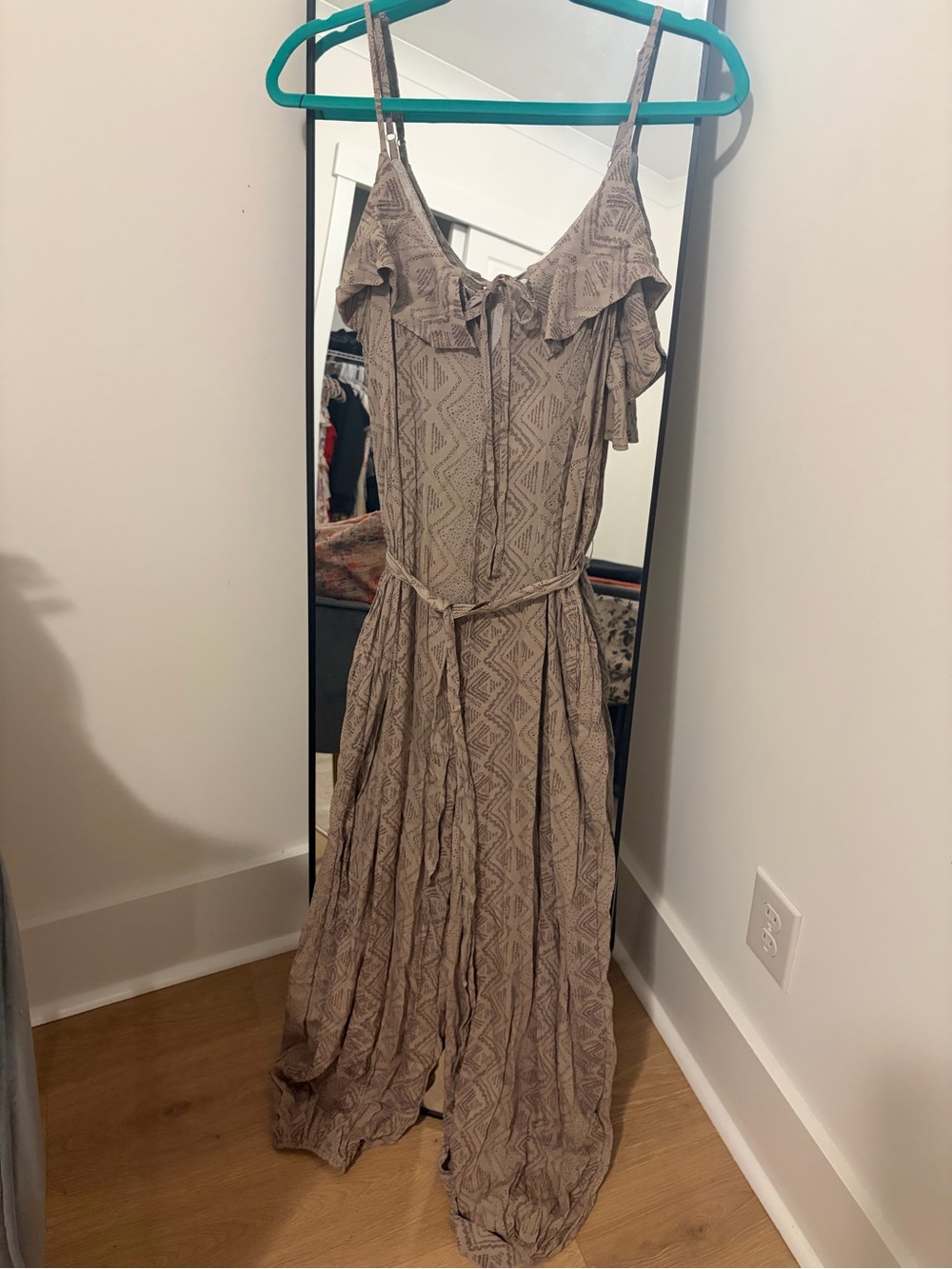 Storia Taupe Patterned Ruffle-Trim Jumpsuit